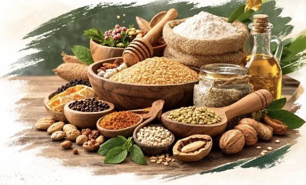 Natural grains, spices and cold-pressed oils